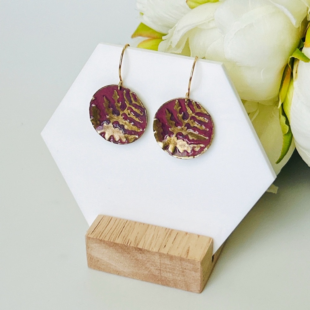 Gold and Deep Pink Fern Textured Dangle Earrings
